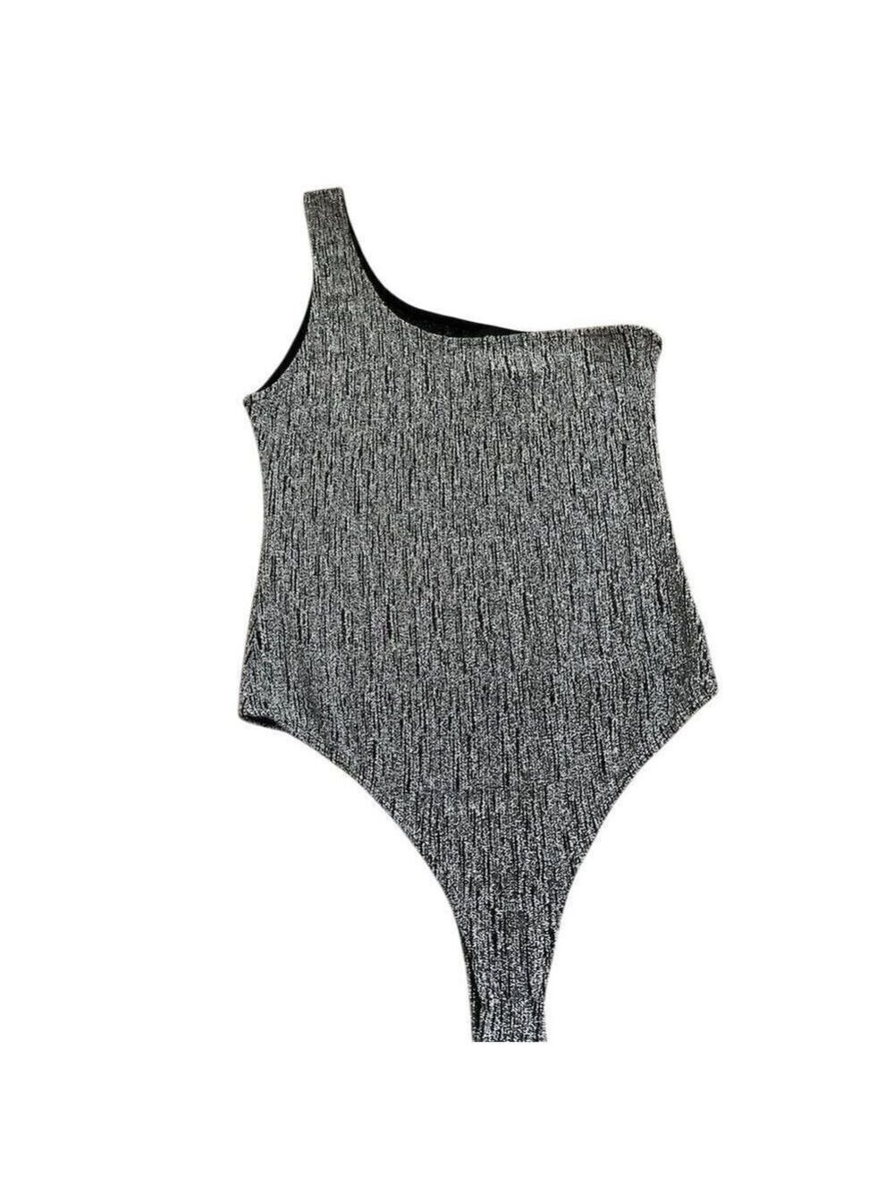 Seduction Gray Rib-Knit One-Shoulder Bodysuit Swimsuit Large